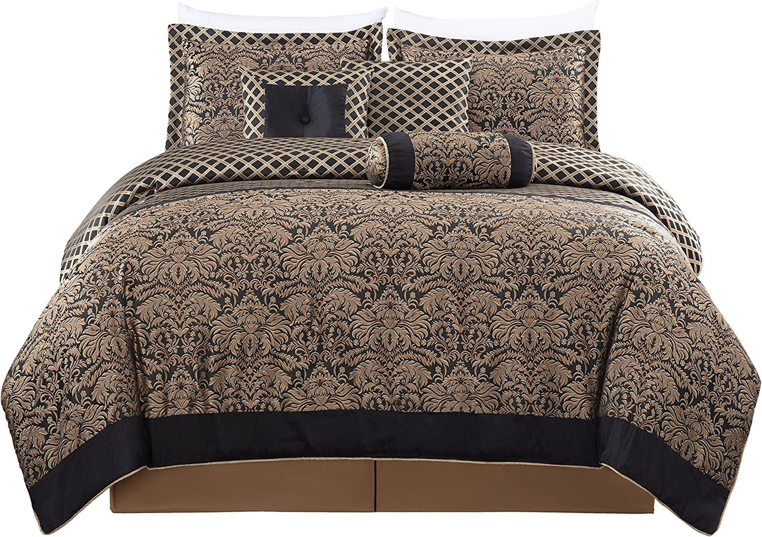 Chezmoi Collection Lisbon 7-Piece Black Gold Jacquard Floral Comforter Set, King Size