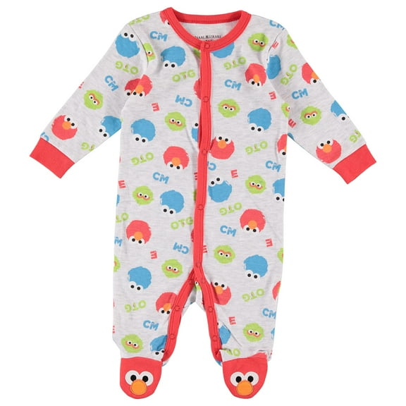 Happy Threads Sesame Street Baby Boys' Romper Long Sleeve Footie Bodysuit, Grey/Blue/Red, 0-3 Months