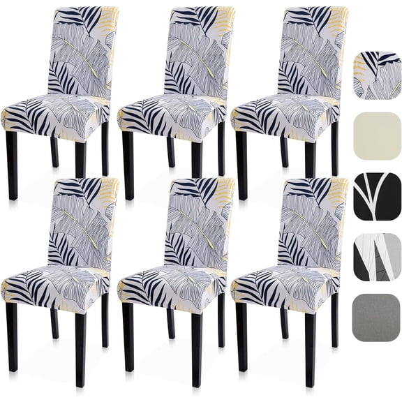 Dining Room Chair Covers Set of 6, Stretch Spandex Kitchen Chair Covers, Removable Parsons Chair Protectors for Home Decorations, Hotel, Estaurant, Leaf White