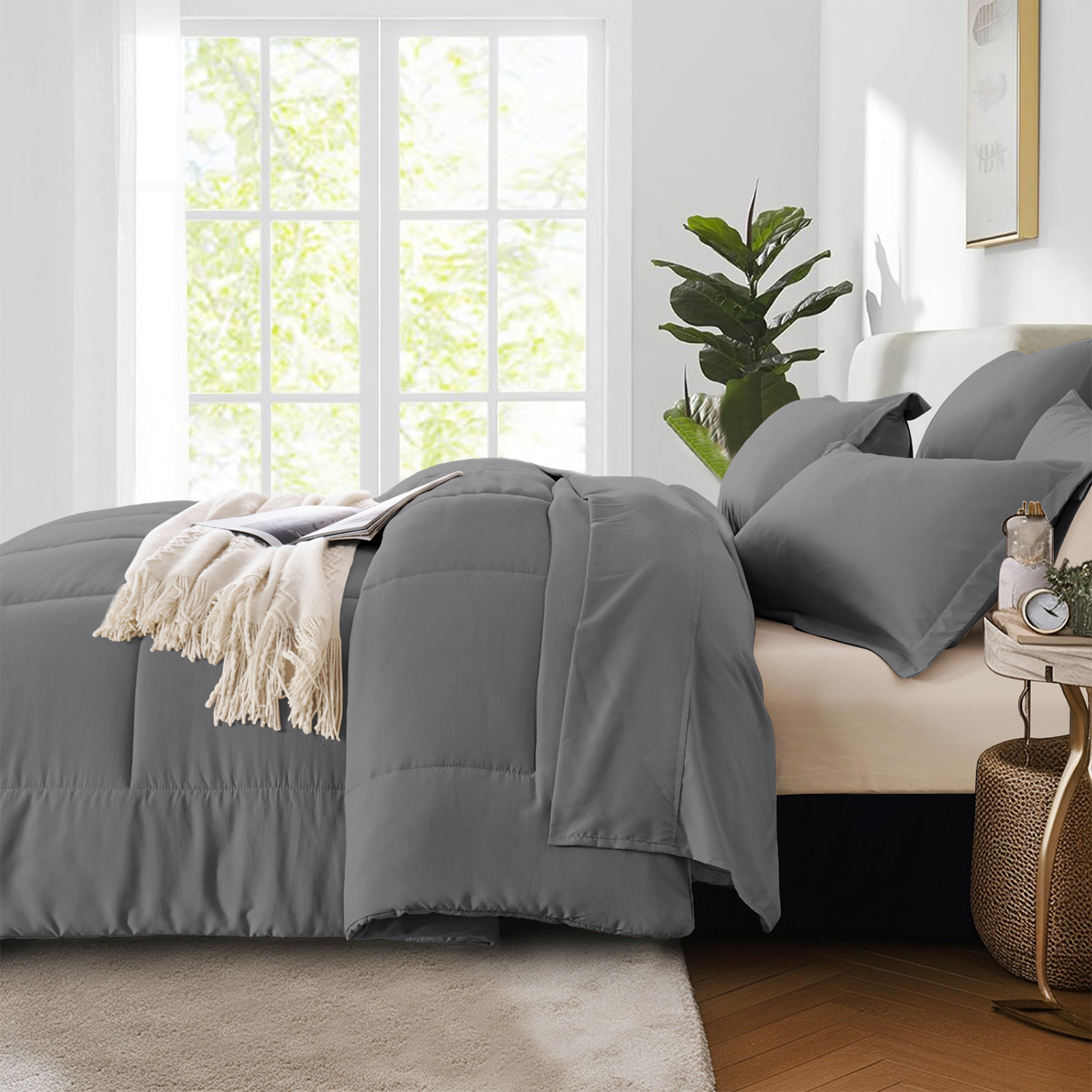 Flymme Full Bed Sets 7 Pieces Dark Grey Comforter Sets with Sheets Modern Soft Microfiber Quilted Warm Complete Bedding for Bedroom Decor