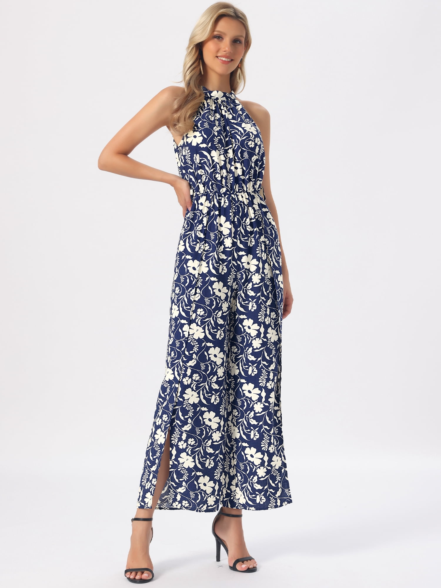 DARING DIVA Women's Casual Halter Sleeveless Boho Wide Leg Jumpsuit M Dark Blue