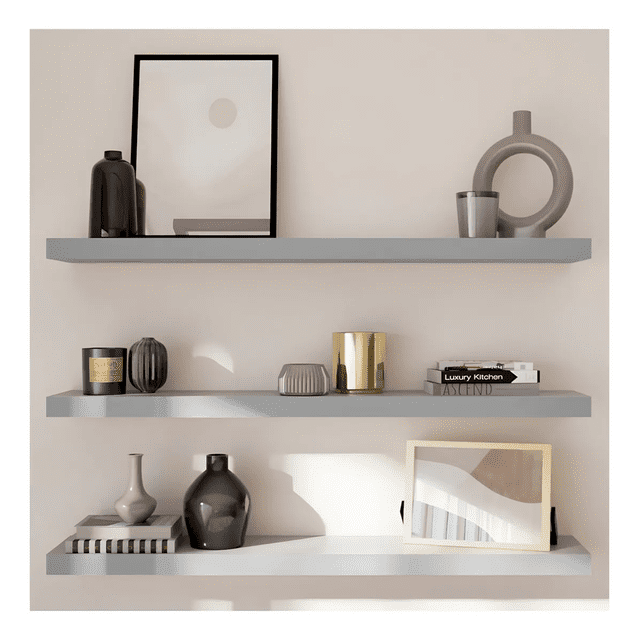 Kit 3 Repisas Flotantes Minimalistas Con Accesorios 80x20 Cm Xtellar Color Gris