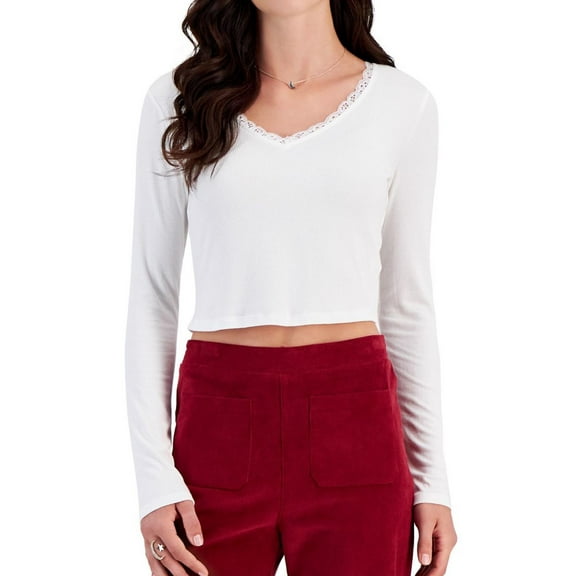 Self E Womens Lace Trimmed Pullover Blouse, White, Juniors, Medium