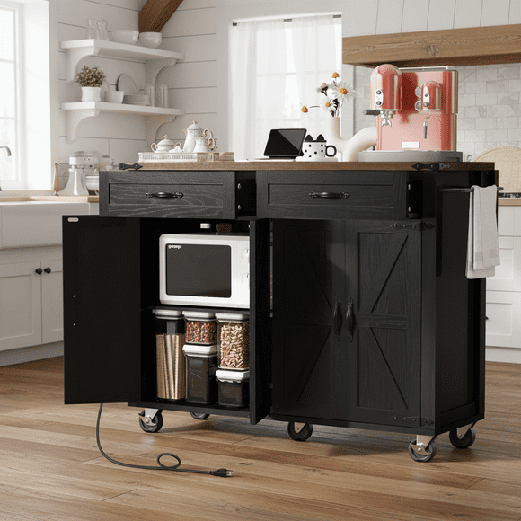 Homy Casa 53.5 Inch Farmhouse Kitchen Island with Power Outlet, Drop Leaf, Spice Rack, Drawers, and Wheels – Black