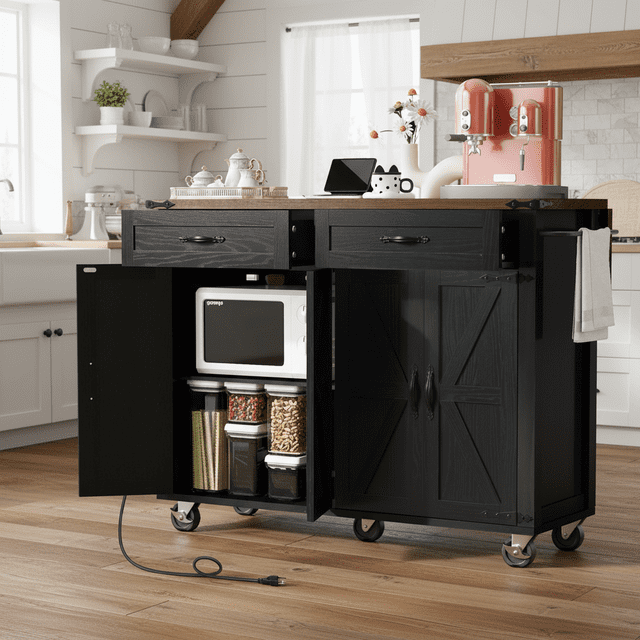Homy Casa 53.5 Inch Farmhouse Kitchen Island with Power Outlet, Drop Leaf, Spice Rack, Drawers, and Wheels – Black