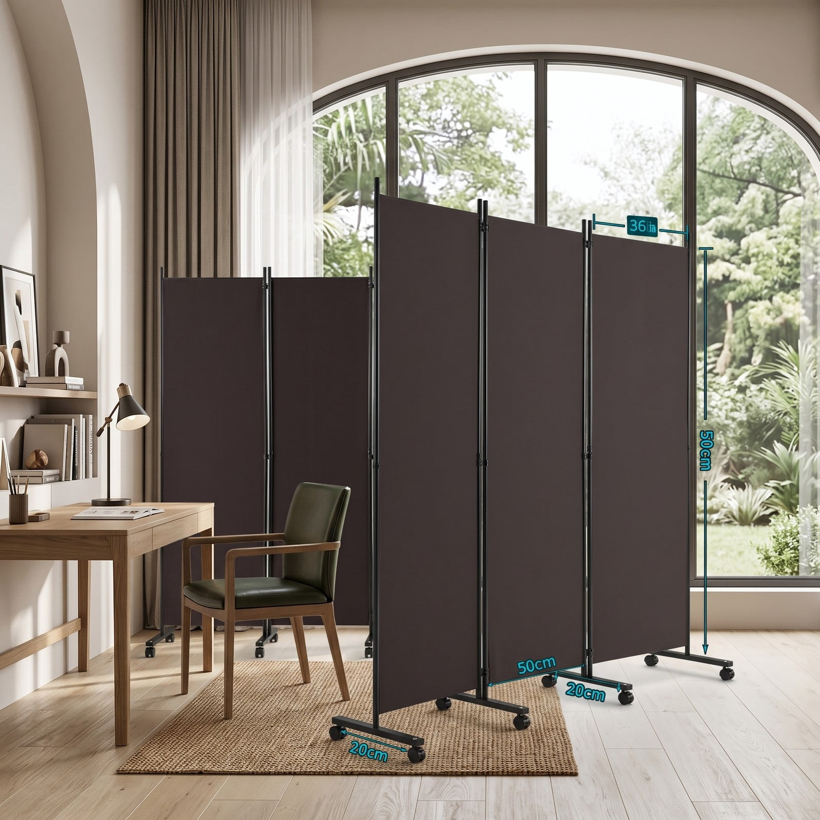 ALPULON 6 Panel Rolling Room Divider on Wheels, 5.7 Feet Tall Freestanding Folding Privacy Screen, Woven Fabric Partition for Home Office Bedroom Dormitory, Walnut