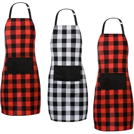 

3 Pieces Christmas Buffalo Plaid Apron Adjustable Check Apron Bib Aprons with Pocket for Christmas Cooking Baking Crafting