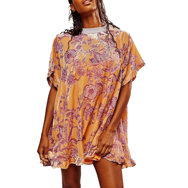 Gupgi Robe Fleurie en Velours pour Femme Robe Bohème à Manches Courtes Robe d'Été Ample Robe Courte