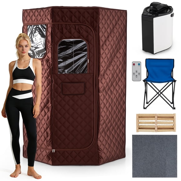 Gymax 3L Portable Steam Sauna Fast-Heat Pentagon Large-Size Sauna Box Remote Control Brown