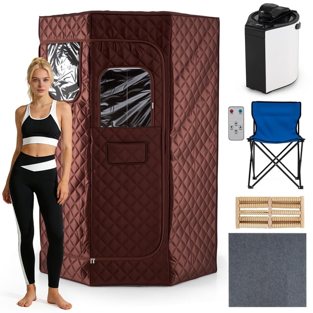 Gymax 3L Portable Steam Sauna Fast-Heat Pentagon Large-Size Sauna Box Remote Control Brown