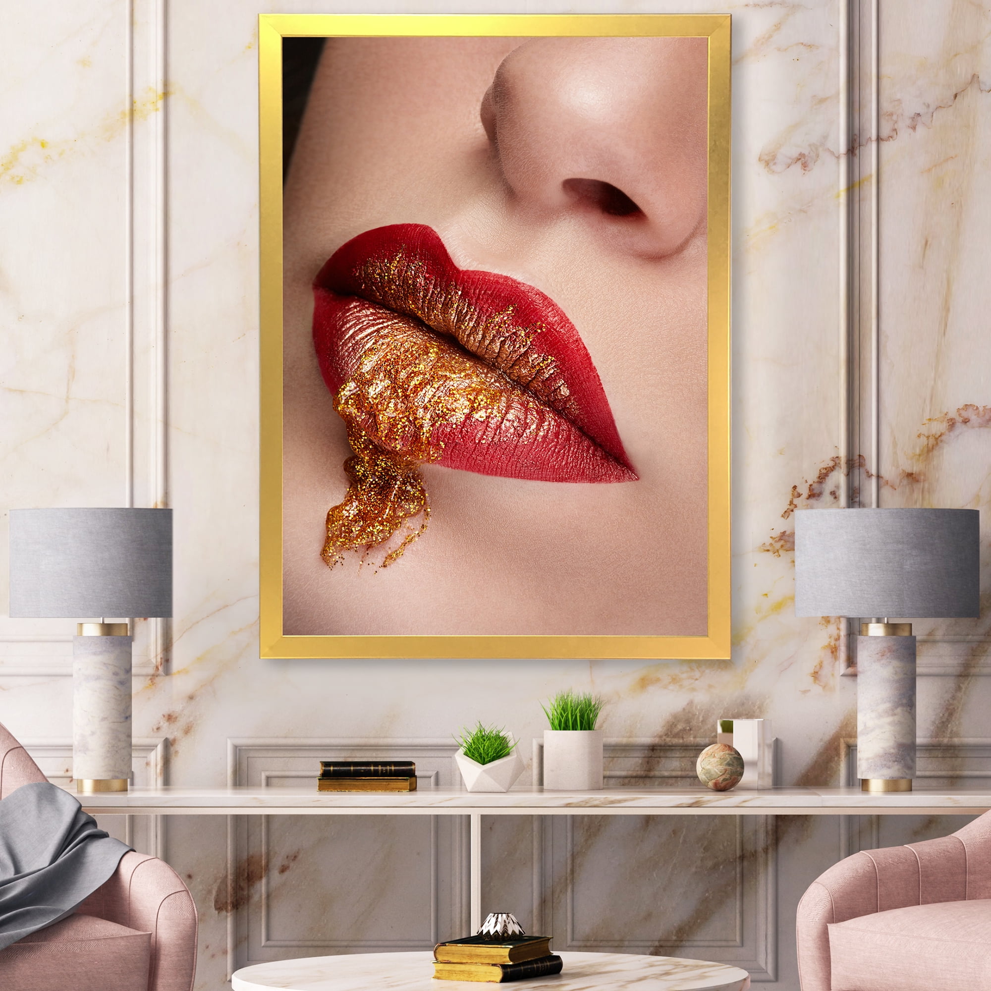Designart 'Close Up Lips With Gold and Red Make Up' Modern Framed Art Print