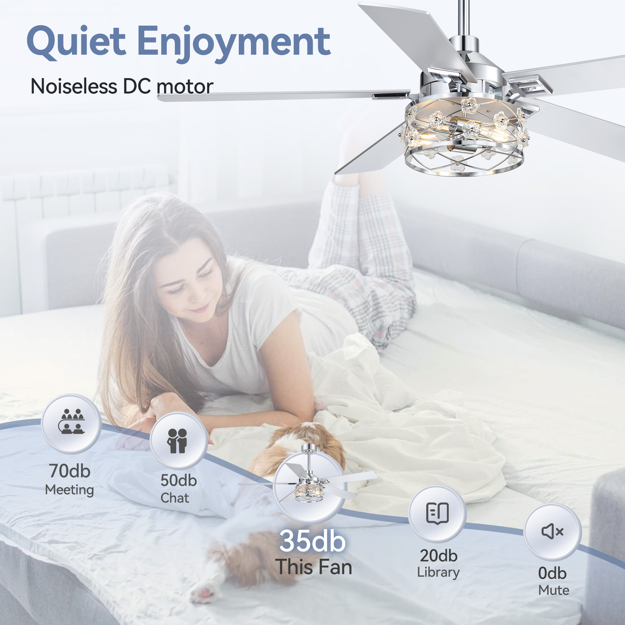 ALKAFY 52 inch Chrome Ceiling Fan with Lights - 5 Dual-Sided Blades, 6 Speeds, Remote, for Bedroom & Living Room