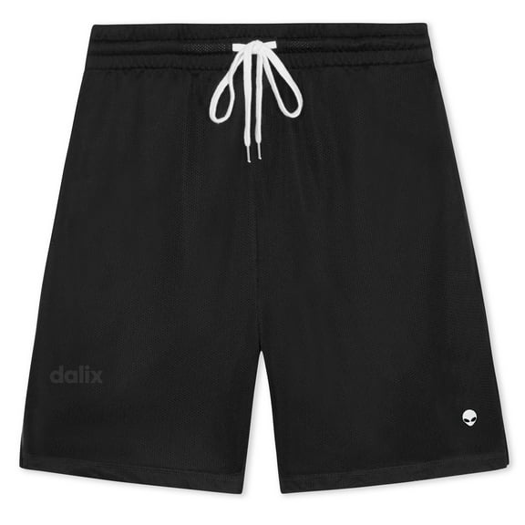 Dalix Lil Alien Court Short Sport Embroidered Casual Pocket Mesh Drawcord Waist Mens in Black S Small