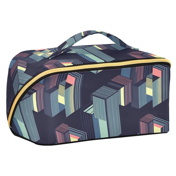 FORMRS Makeup Bag Travel Cosmetic Organizer for Women Fold Flat Zipper Pouch with Handle, Cube Stripes
