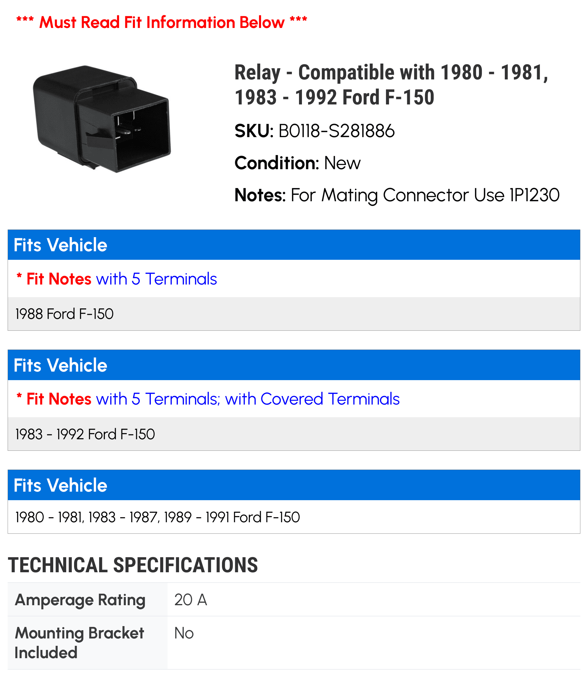Relay - Compatible with 1980 - 1981, 1983 - 1992 Ford F-150 1984 1985 1986 1987 1988 1989 1990 1991