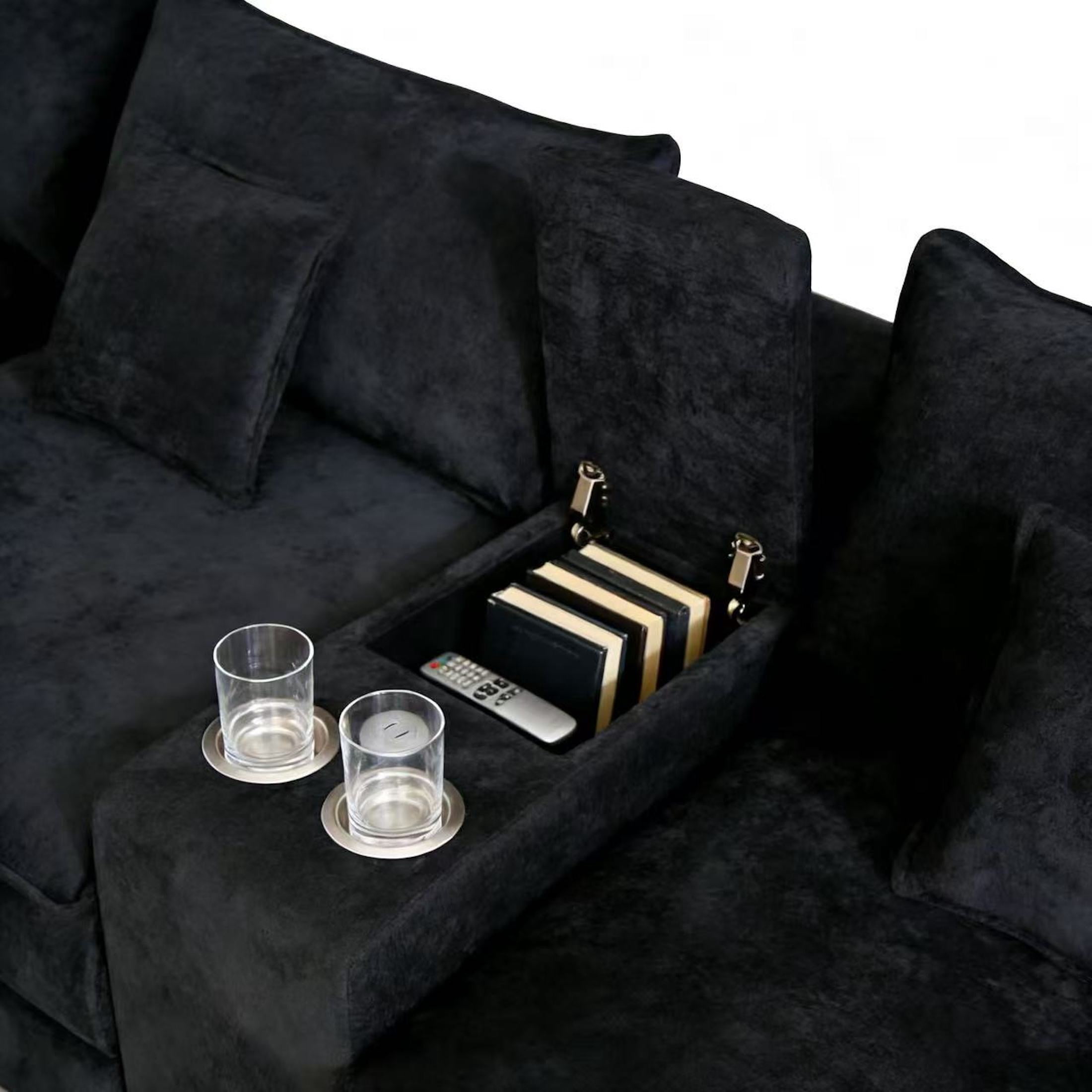 Aisword 145" U Shaped Cloud Couch Sectional with USB Charging, Hidden Storage, Cup Holders & Chenille Double Chaise, Black