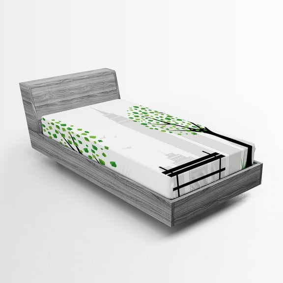 Ambesonne Tree Fitted Sheet, Urban and Rural Harmony, Twin XL Size, Green Black
