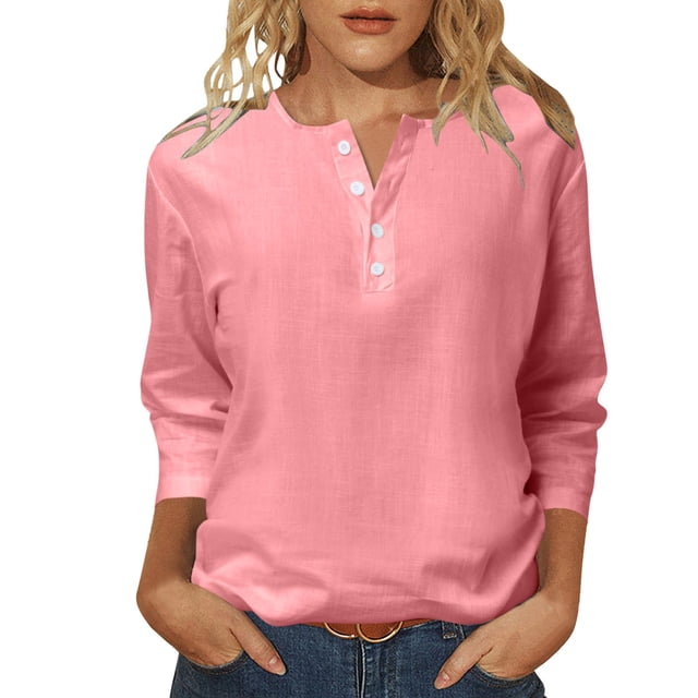 Camiseta informal holgada de cuello redondo y manga 3/4 para mujer - Top largo de color liso, blusa de algodón transpirable, tallas S-XXL