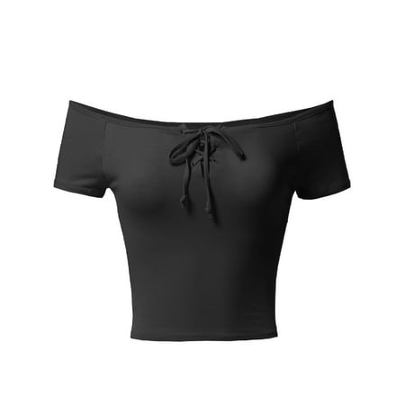 FashionOutfit Women's Solid Cap Sleeves Front Lace Up Detail Crop Top