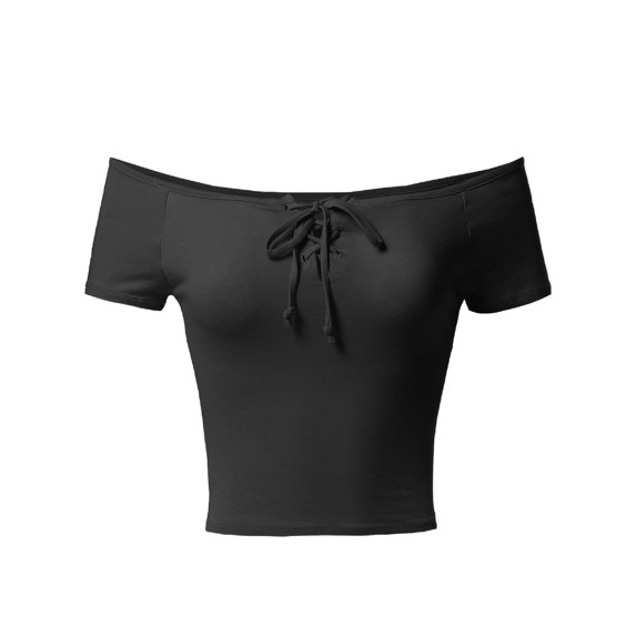 FashionOutfit Women's Solid Cap Sleeves Front Lace Up Detail Crop Top