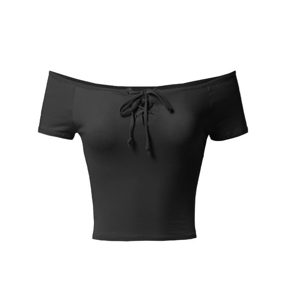 FashionOutfit Women's Solid Cap Sleeves Front Lace Up Detail Crop Top