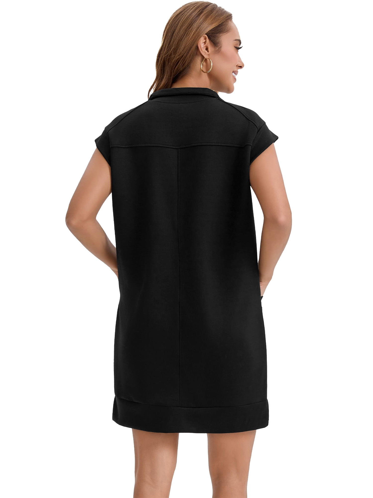 DARING DIVA Women's Half Zip Cap Sleeve V Neck Collared Tunic Dresses S Black
