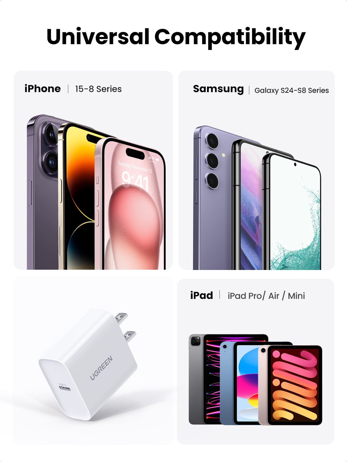 UGREEN 20W USB C Charger, Compatible with iPhone 16/15/14/13/12 Pro Max/XS/Max/XR/X/8/8 Plus, White