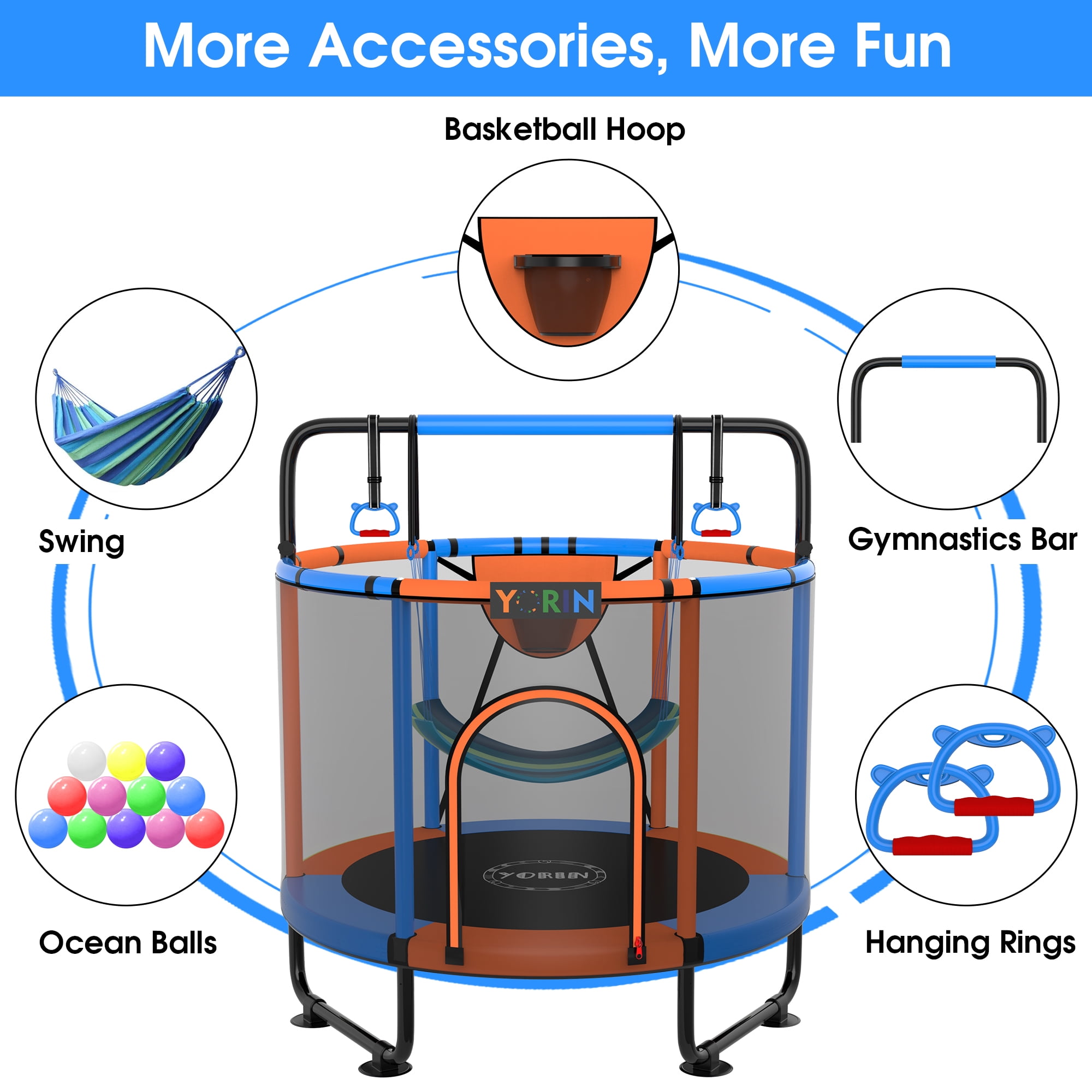 YORIN Trampoline for Kids, 65'' Toddler Mini Trampoline with Enclosure Net, Basketball Hoop, 5.5FT Indoor/Outdoor Kids Trampoline with Swing, Adjustable Gymnastics Bars, Gifts for Boys Girls, 650LBS