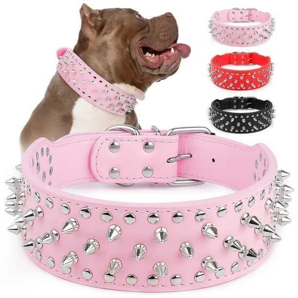 Collar de perro ajustable con pinchos anchos, remaches de hongos, collares de piel sintética para gatos, collar duradero para mascotas con tachuelas para razas pequeñas, medianas y grandes, rosa