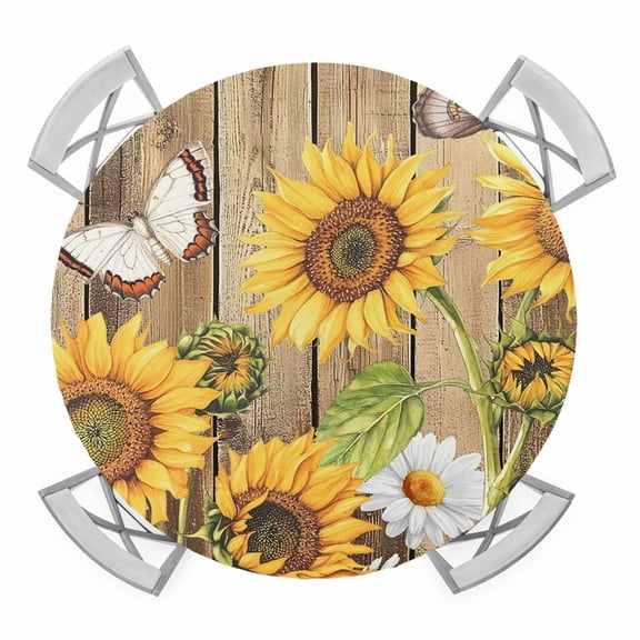 Elastic Fitted Round Tablecloth, Farmhouse Sunflowers Waterproof Stretch Table Cover for 36"-44" Tables, Rustic Floral Buttterfly Wood Board Brown Washable Outdoor Tablecloths for Patio, Picnic