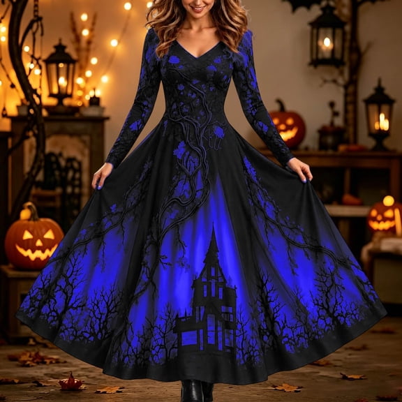 Womens Witch Print Maxi Dress V Neck Long Sleeve Gothic Gown For Halloween Cosplay Party