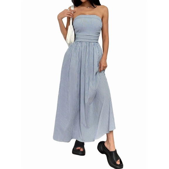 Women Striped Strapless Sleeveless Flowy Summer Casual Tube Maxi Long Dress with Pockets Blue L