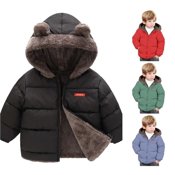 Ulitacool Boys Coats Reversible Hooded Jacket With Bear Ears Warm Thickened Winter Double Wearable Outerwear Toddler Fashion Wear Black