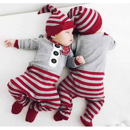 Christmas Xmas Santa Baby Boys Girls Cotton Romper Jumpsuit Hat Outfits Clothes
