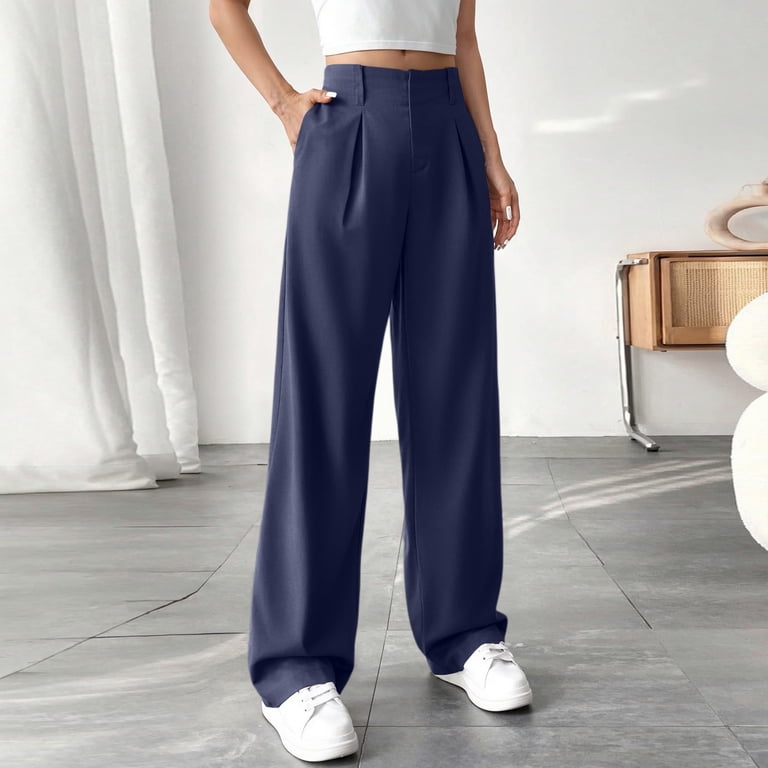 Tianiyouqing Dress Pants Women High Waisted Wide Leg Elastic Waist Boho  Dressy Pants Twill Office Long Pants Navy S - Walmart.com