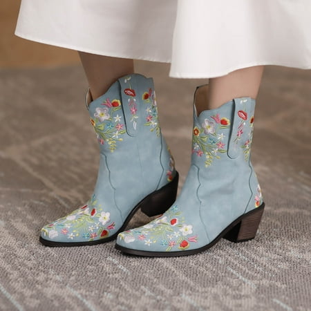 

New Winter Cowboy Boots Embroidered Flowers Thick Heel Ladies Short Boots