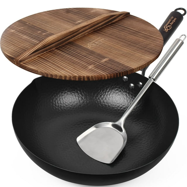 Wok Souped Up Recipes, acero al carbono, 34 cm, con tapa y espátula