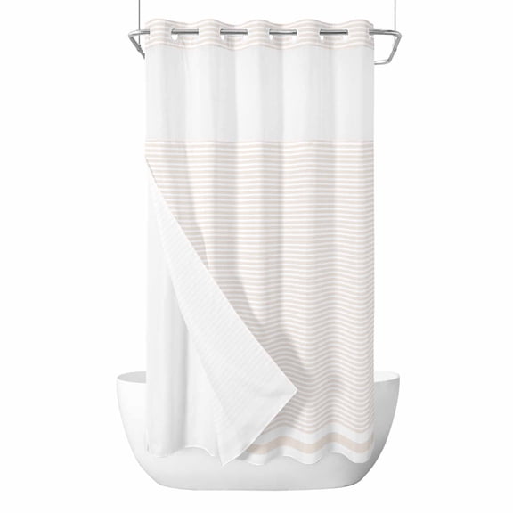 No Hook Shower Curtain, Farmhouse Beige White Striped Small Shower Curtains with Snap in Liner, Modern Stripes Waterproof Washable Fabric Bathroom Curtain Sets, 36"W x 78"L