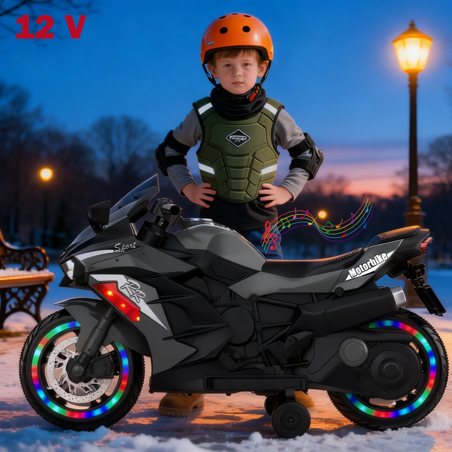 Werseon 12V Motorcycle Ride on Toy for Kids Ages 3+, Rechargeable Motorcycle with LED Light & Training Wheels, up to 90lbs, Gray