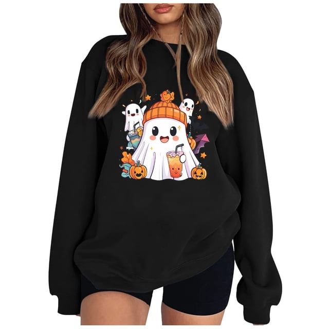 Pisexur Chandail d'Halloween pour Femmes en Molleton Orange Chandail à Manches Longues Col Rond Chandails de Mode avec Motif Citrouille Chandails à Capuche d'Halloween Hauts à Enfiler