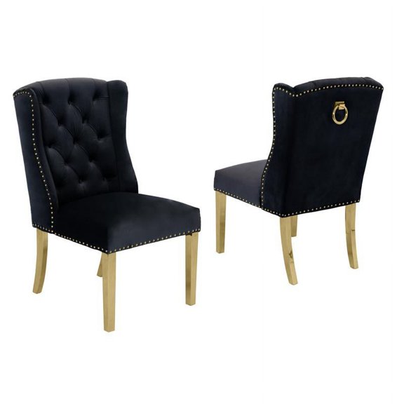 Double Tufted Black Velvet Side Chairs with Gold Stainless Steel Legs