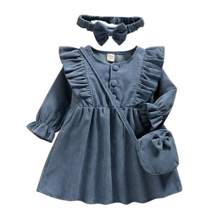 

Youmylove Toddler Girls Long Sleeve Ruffles Dresses Solid Princess Dress Headbands Bag Set For Autumn Cute Clothing