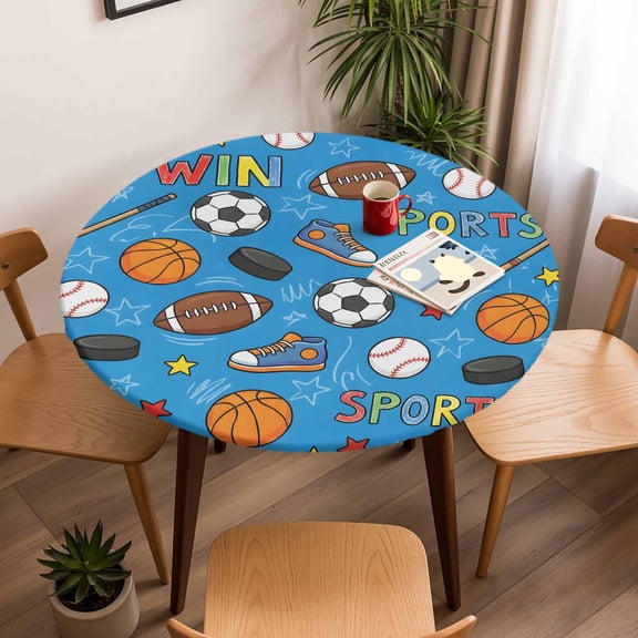 Round Fitted Tablecloth with Elastic Edge, Football Basketball Rugby Baseball on Blue Fitted Table Cloth for Round Tables 45-54in, Win Sports Waterproof Tablecloth for Outdoor Picnic Party