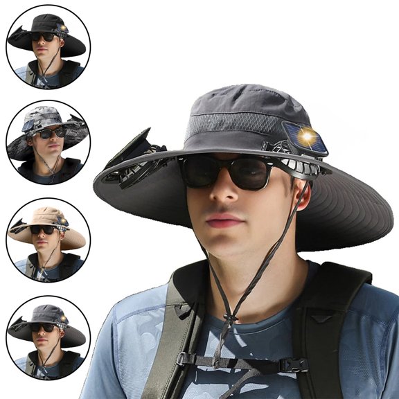 KANCOKIT Wide Brim Solar Fan Hat, Outdoor Sun Bucket Hat with USB Charging Fan, UPF 50 Fishing & Beach Hat for Men Women, Gray