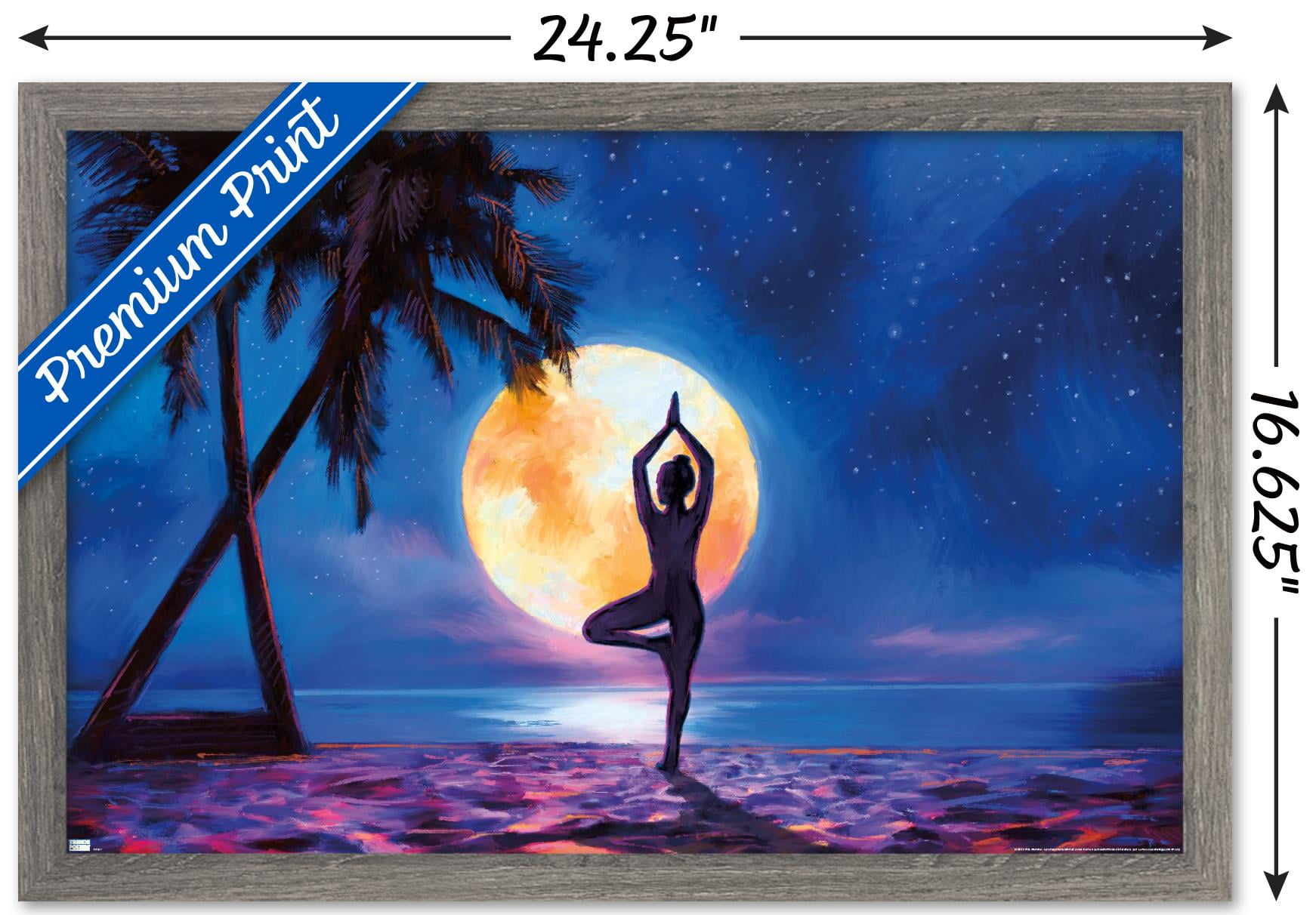 PD Moreno - Fine Art - Yoga Moonlight Beach Wall Poster, 14.725" x 22.375" Framed