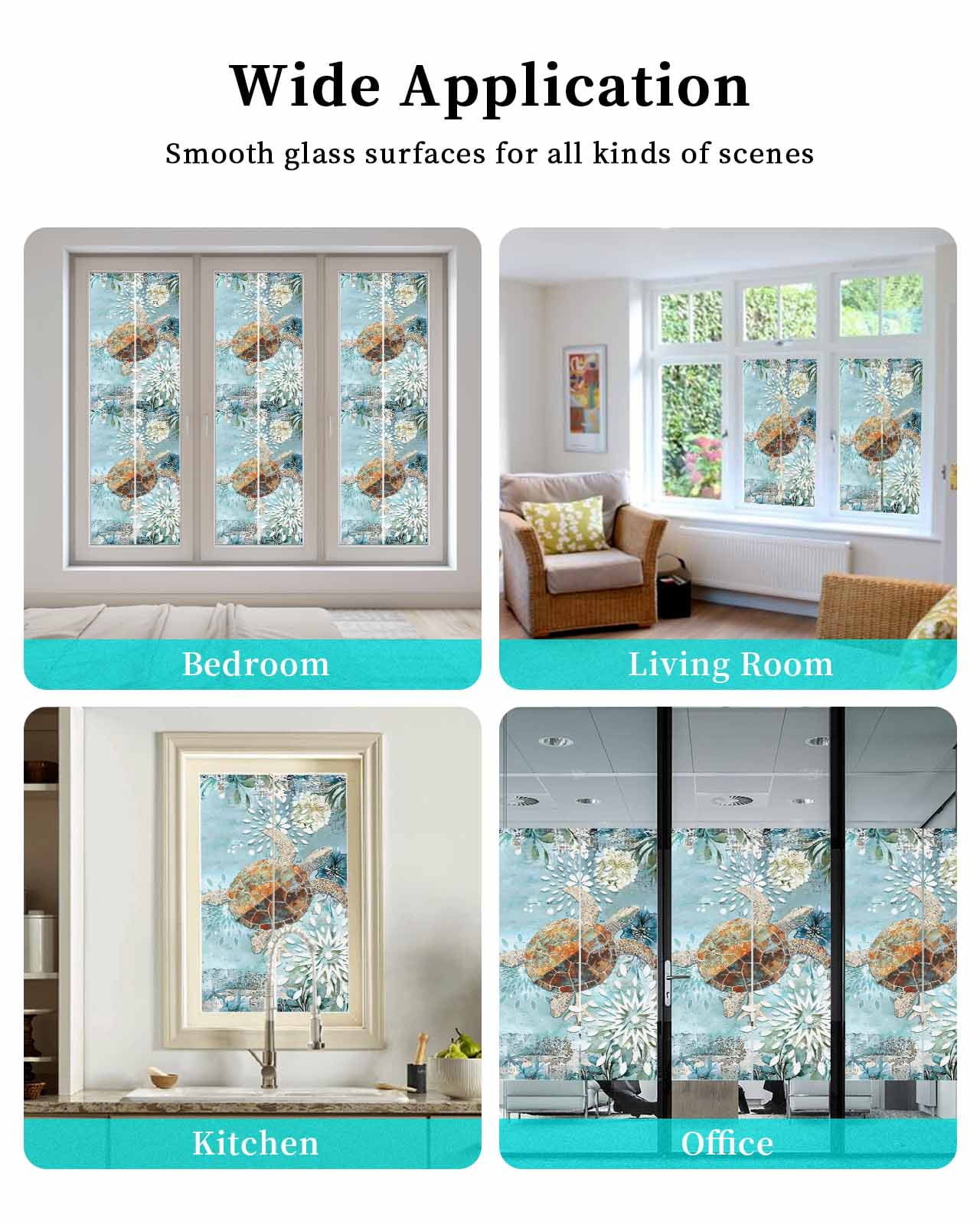Window Privacy Film Sea Turtle Coastal Stained Glass Window Film Decorative Sun Block Window Cover Teal Nautical Starfish Botanical Window Clings Static Adhesive Sticker for Bathroom 23.6"x59"