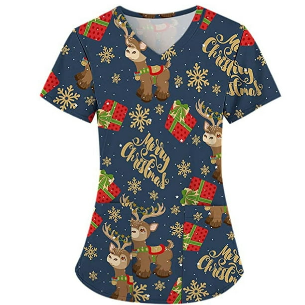 TIMIFIS Women Scrub Tops Mock Wrap Top Holiday Christmas Print Neck Shirt Snowman Short Sleeve V Neck Nursing Workwear Tunic Working Uniform Blouse