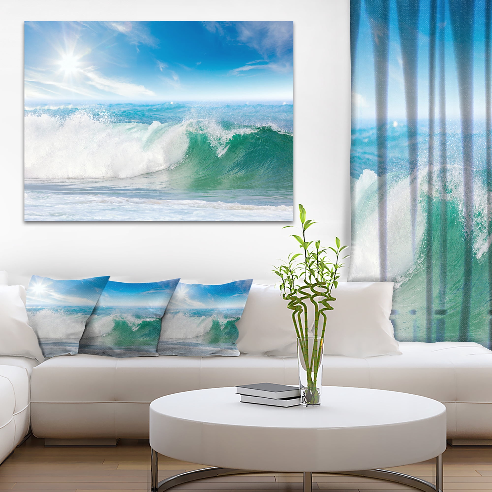 Designart 'White and Blue Waves under Sun ' Seascape Canvas Art Print