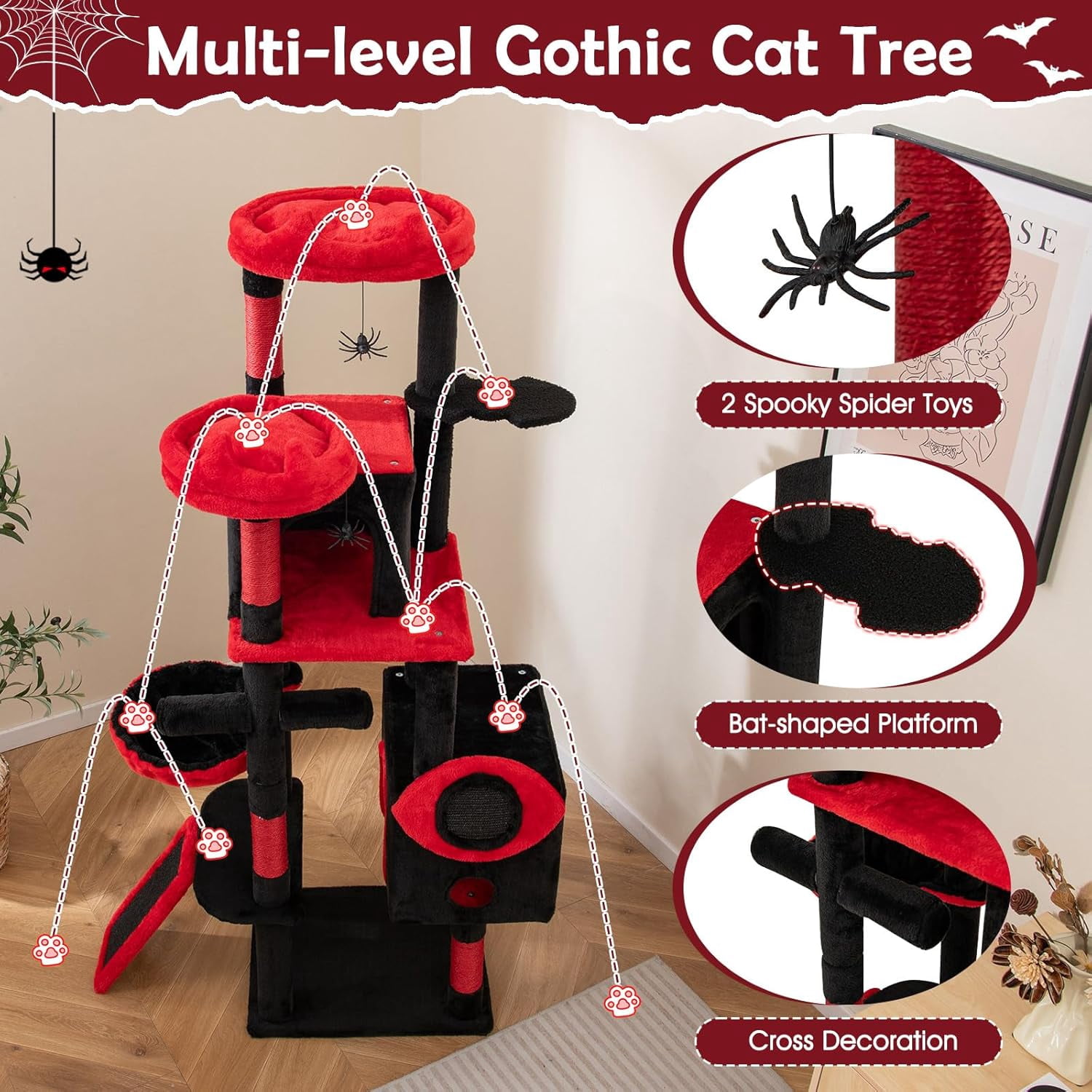YounGG Gothic Cat Tree, Large Spooky Cat Tower with Sisal Scratching Posts & Ramp, 2 Cat Condos, 2 Devil Ear-Shaped Perches, Spider Toys, Bat-Shaped Platform, Basket Bed, Goth Cat Tree, Black & Red