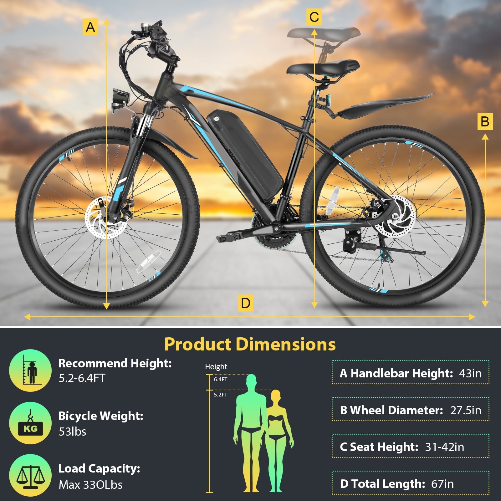 Elifine 500W Electric Bike for Adults, 27.5" Electric Mountain Bicycle, 48V 10.4Ah Battery UL2849, 19.8mph Aluminum Alloy Commuter Ebike, Lockable Suspension Fork, Shimano 21-Speed Blue